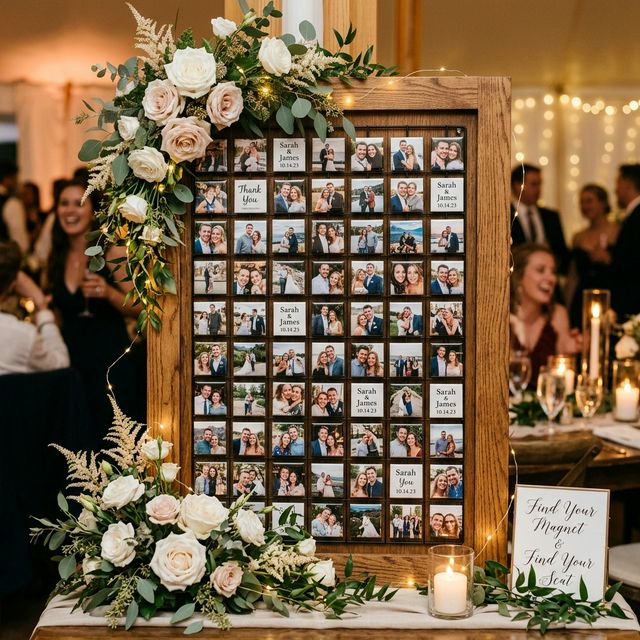 Elegant wooden display board covered in custom photo magnets