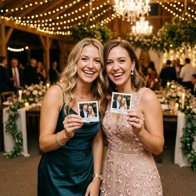Happy wedding guests holding their custom magnet favors